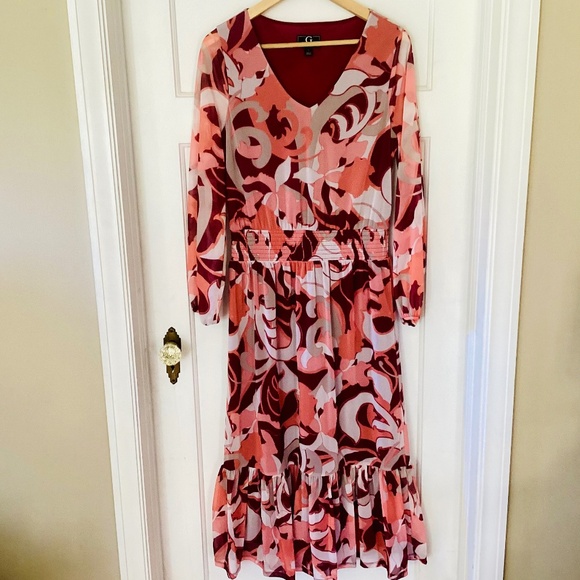 Tiered Midi Dress S Wine Burgund Multi print long sleeve boho peasant cottage - Picture 1 of 15